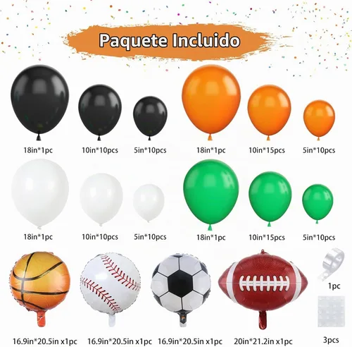 Vista 2 de Guirnalda de arco de globos deportivos, kit de guirnalda de globos con tema de bolas, globos blancos, verdes, negros y naranjas, globos de aluminio