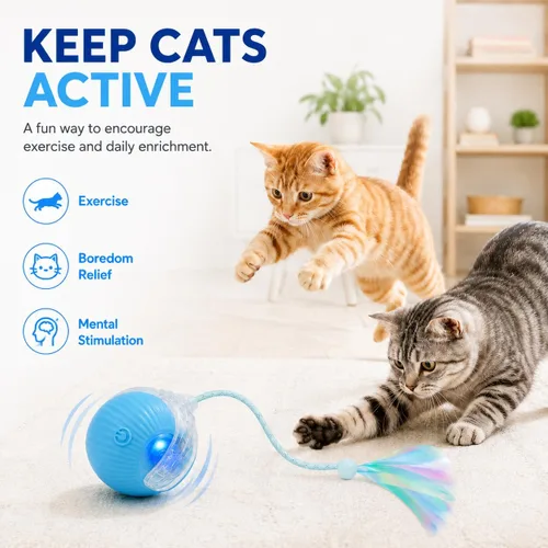 Vista 5 de Pelota de juguete interactiva para gatos con luces LED – Teaser automático recargable USB-C para gatos y gatitos de interior, divertido juguete