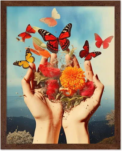 Vista 12 de Poster Master Póster de retrato de mujer, estampado de mariposa retro, arte de collage, arte femenino, arte femenino, arte moderno, arte floral