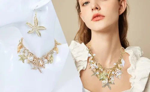 Vista 7 de Halawly Gargantilla de concha de cola de sirena, collar de moda con diseño de concha de mar y estrella de mar de perlas de imitación, collar grueso