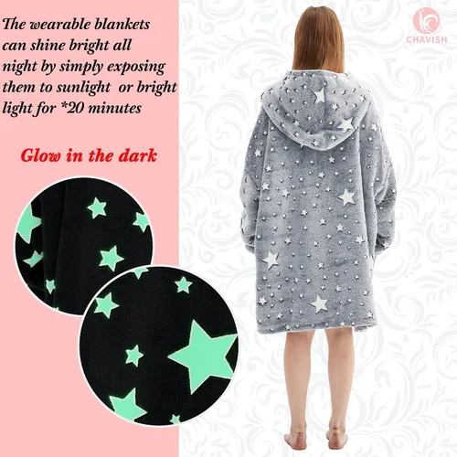 Vista 2 de Manta con capucha de gran tamaño, que brilla en la oscuridad, suave felpa cálida, sudadera con capucha para adultos, mujeres y hombres