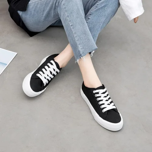 Vista 7 de Tenis de plataforma blanca para mujer zapatos de tenis con plataforma negra zapatos casuales de moda con cordones zapatos planos de lona para caminar