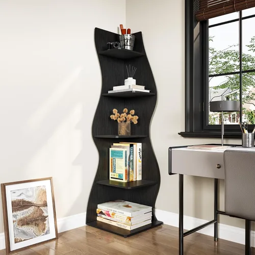 Vista 5 de LITTLE TREE Estantería de esquina pequeña, estantería moderna de esquina de pared de 5 niveles para libros, elegante librero estante