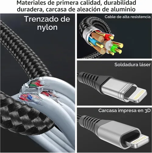 Vista 4 de Paquete de 3 cables USB C a Lightning de 1 pie, certificado MFi, cable Lightning PD PD de carga rápida, cable de carga USB C de nailon trenzado