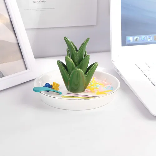 Vista 6 de Soporte para anillos de cactus verde, bandeja de joyería, collar, pulsera, organizador de cerámica para su madre novia, plato de 5 pulgadas