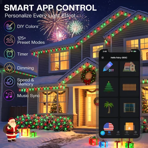 Vista 2 de Avatar Controls Luces de Navidad inteligentes C9 para exteriores, 33 pies, 50 LED, aplicación y control remoto, sincronización de música, 16 M