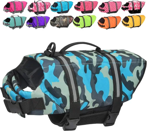 Vista 11 de Doglay Chaleco salvavidas para perros con asa de rescate, chaleco salvavidas para perros para nadar en barco, chaleco de natación reflectante Azul