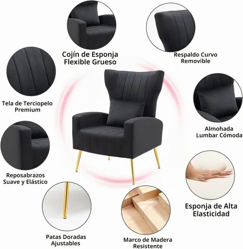 Vista 4 de Silla decorativa de terciopelo con respaldo abatible y cojín lumbar, sillón moderno para sala de estar/dormitorio, silla lateral de recepción