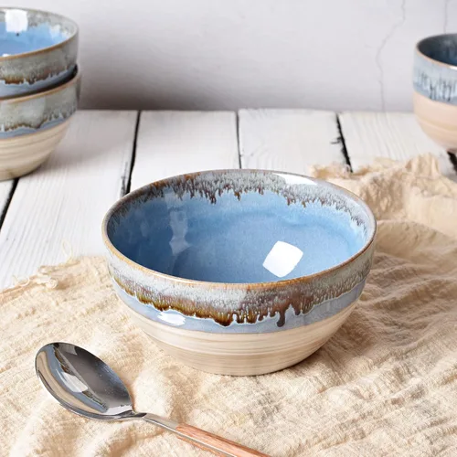 Vista 5 de Bosmarlin Juego de 4 cuencos de sopa de gres, 26 onzas, cuencos para cereales para avena, aptos para lavavajillas y microondas, esmalte reactivo Azul