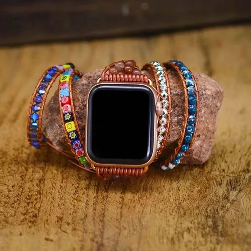 Vista 2 de Correa de reloj de cuerda trenzada con cuentas, estilo bohemio, gira 5 veces, múltiples capas, compatible con reloj Apple Watch de 45 mm, 41 mm, 44
