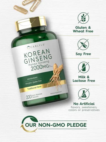 Vista 5 de Carlyle Cápsulas de ginseng coreano 2000 mg 200 unidades Suplemento de extracto de Panax estandarizado Fórmula sin OMG y sin gluten