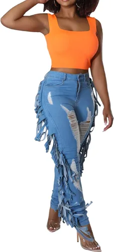 Vista 5 de SeNight Pantalones de mezclilla rasgados de cintura alta para mujer