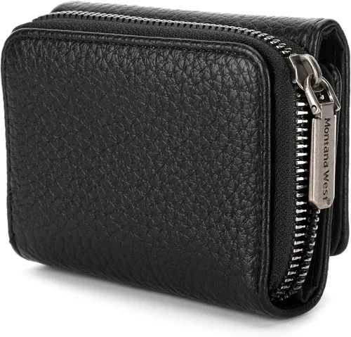 Vista 4 de Montana West Billetera pequeña para mujer, de piel auténtica, triple pliegue, tarjetero Rfid con cremallera y bolsillo para monedas, Un negro, Casual