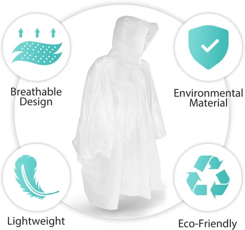 Vista 3 de Ponchos de lluvia desechables para adultos, plástico impermeable y capucha con cordón, transparente