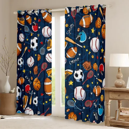 Vista 2 de Erosebridal Cortinas de baloncesto de béisbol, fútbol, rugby, tratamiento de ventanas para niños, niñas, adolescentes, con temática de deportes