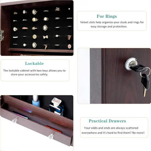 Vista 3 de HOUAGI Espejo con almacenamiento de joyas, organizador de joyas sobre la puerta, armario de joyería con cerradura para colgarmontaje en pared