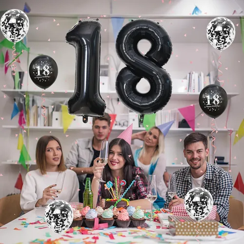 Vista 4 de Decoraciones de cumpleaños número 18 para niños y niñas, globo de aluminio con el número 18 de 40 pulgadas, globos de látex negros y metálicos