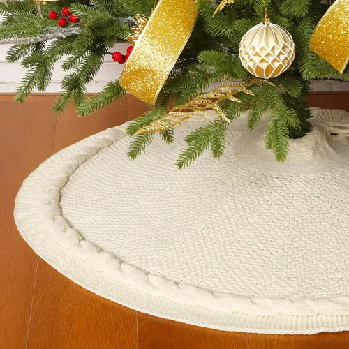 Vista 8 de Sattiyrch Falda de punto para árbol de Navidad – Base clásica de punto trenzado con cierre de lazo – Decoración festiva acogedora para árbol de Beige