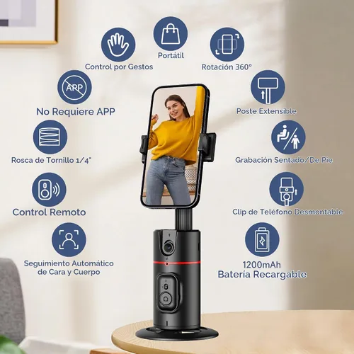 Vista 2 de Trípode de seguimiento facial automático, sin aplicación, soporte inteligente para teléfono con control remoto, rotación de 360°, soporte para Negro