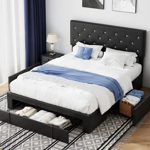 Vista 19 de VECELO Base de cama tamaño individual con plataforma tapizada con cabecera ajustable de botones de diamante, soporte de listones de madera,