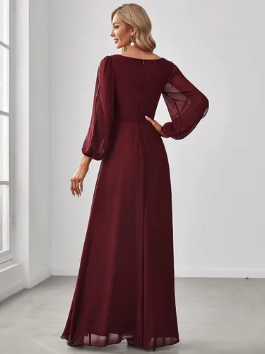 Vista 2 de Ever-Pretty Vestido formal de gasa fruncido de manga larga con cuello en V para mujer 00461