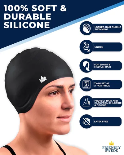 Vista 4 de The Friendly Swede Gorros de natación para mujeres y hombres, espacio extra Azul + Negro