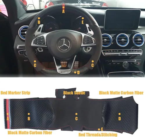 Vista 2 de Cubierta de volante de fibra de carbono mate negro y cuero de ante con costura manual, ajuste envolvente para Mercedes Benz W205/C43 GLA45 GLC43