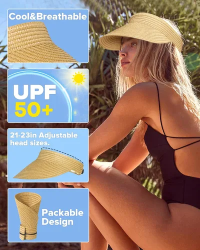 Vista 2 de Beach Sun Visor Hats for Women, Wide Brim UPF50+ Protection Straw Hat Packable Foldable Summer Beige