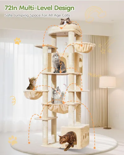 Vista 8 de Taoqimiao Árbol para gatos de 72 pulgadas, torre XXL para gatos de interior y adultos, plataforma extragrande, 2 casas para gatos, 7 postes