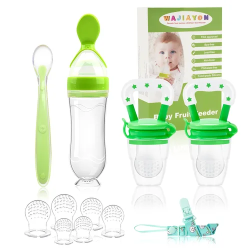 Vista 11 de Comedero de alimentos para bebés (3 piezas) con 6 chupetes de silicona de diferentes tamaños, 2 cucharas dispensadoras de alimentos de silicona
