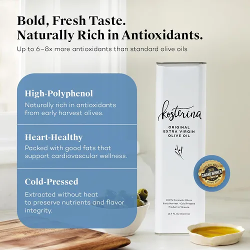 Vista 4 de Kosterina Trío de aceite de oliva – Pimiento rojo picante, ajo y AOVE original Fabricado con aceite de oliva griego rico en polifenoles, prensado