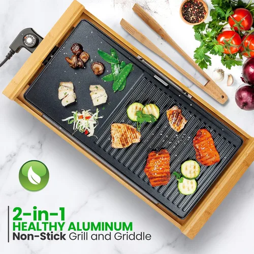 Vista 4 de NutriChef Parrilla de interior sin humo para el hogar, parrilla eléctrica antiadherente, bambú desmontable, control de temperatura, perilla