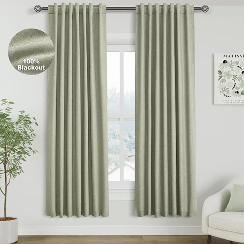 Vista 76 de Nanspring Cortinas de lino 100% opacas para dormitorio, 96 pulgadas de largo, con pestaña trasera, bolsillo para barra, aislamiento térmico, cortina