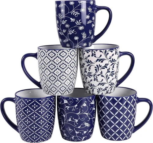 Vista 10 de Schliersee Juego de 6 tazas de café de cerámica apilables de 12 oz, taza pequeña con patrón geométrico floral, taza de café de porcelana azul