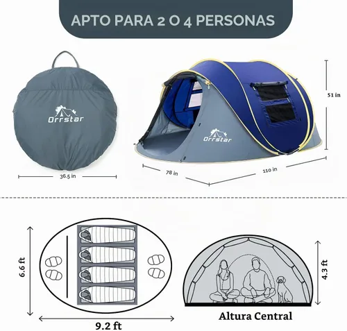Vista 2 de Pop Up Tents for Camping 2-4 Person Waterproof Easy Up Setup Camping Tent 2 Big Doors Instant Family