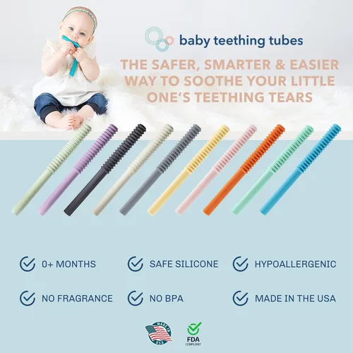 Vista 4 de Baby Teething Tubes - Juguetes de dentición para bebés hechos en los Estados Unidos - Juguetes suaves y duraderos para bebés y mordedor de silicona