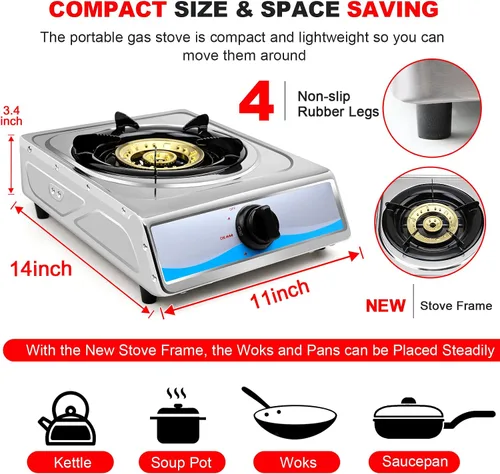 Vista 6 de Cocina de gas propano,Estufa de gas de un solo quemador Estufa de gas portátil de acero inoxidable,Auto Ignition Camping Single Burner LPG para RV