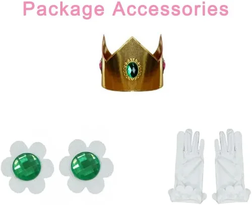 Vista 5 de PAINEOMN Disfraz de princesa melocotón para mujer, vestido de cosplay de Super Brothers 2023, juego de corona, aretes y guantes, traje de Halloween