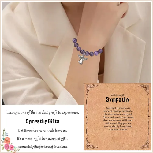 Vista 4 de DAPUBO Sympathy Gift for Loss of Loved Ones, Grief Gifts for Women, Natural Stone Healing Amethyst Remembrance Bracelet, Memorial Bereavement
