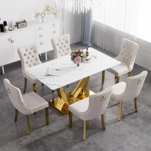 Vista 56 de Juego de mesa de comedor de cristal moderno de mediados de siglo para 4, 63 pulgadas, juego de comedor rectangular grande de lujo con parte superior