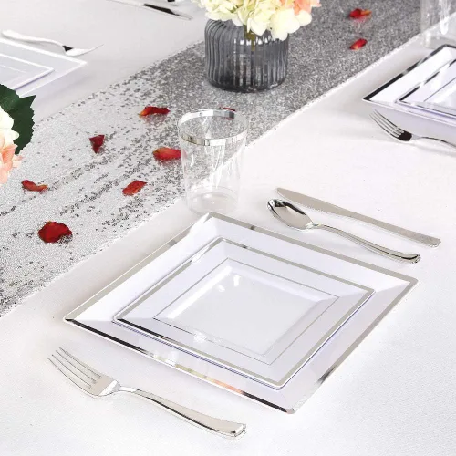 Vista 3 de Platos de postre de plástico plateado con tenedores de plástico, 100 platos cuadrados desechables para aperitivos, platos pequeños con borde Blanco