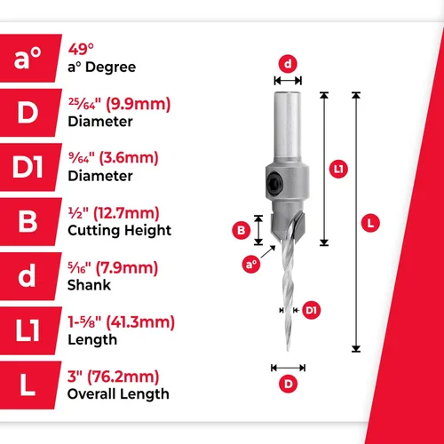 Vista 4 de Amana Tool Broca cónica avellanadora con punta de carburo de 82 grados, 55604, 6 tornillos, 3/8 de diámetro x 9/64 de diámetro x vástago redondo