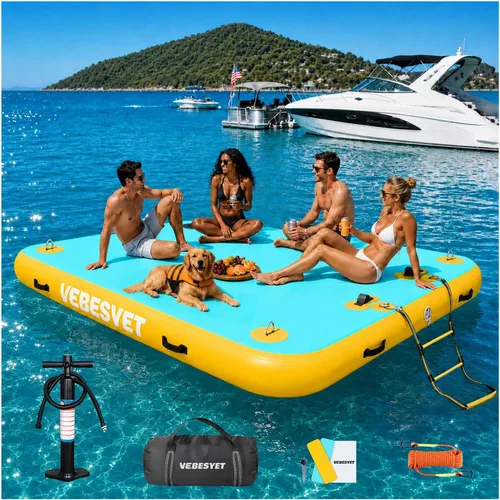 Vista 12 de Muelle inflable con rampa de agua, muelle flotante inflable antideslizante de 6 pulgadas de grosor para perros y adultos, plataforma flotante