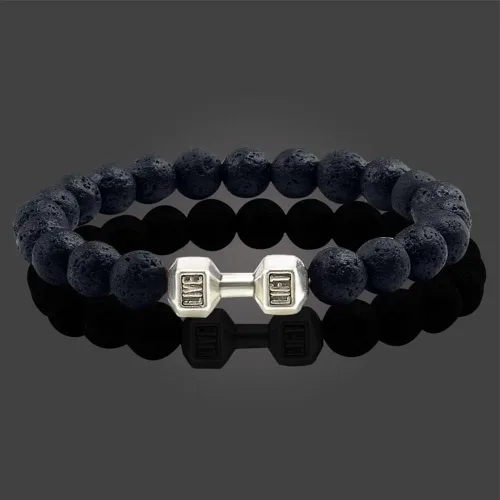 Vista 2 de rgwtgkyh Traintough - Pulsera de mancuernas para hombre, pulsera de cuentas de ansiedad de roca volcánica, ajustable, fitness, yoga, joyería
