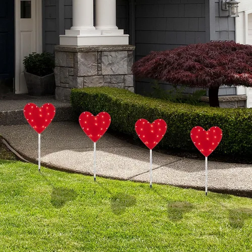 Vista 2 de Marcador de camino para el día de San Valentín, 4 unidades, diseño de corazón rojo, luces transparentes