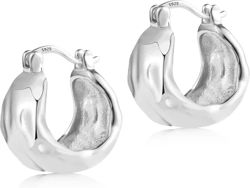 Vista 8 de Silver Earrings Hammered Small Chunky Hoop Earrings for Women A-oro de 14 quilates