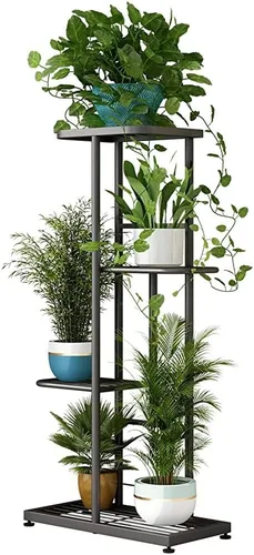 Vista 21 de LINZINAR Soporte de metal para plantas de 4 niveles y 5 macetas, estante múltiple para macetas para interiores y exteriores, unidad de estantería