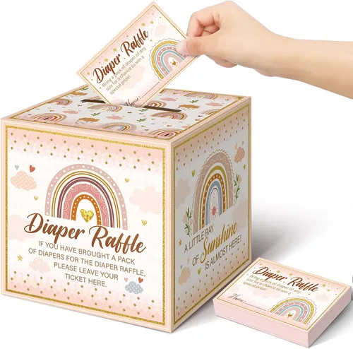 Vista 51 de Teling 51 boletos para rifas de pañales con caja de tarjetas, decoración de baby shower, caja de revelación de género para fiesta de rifas