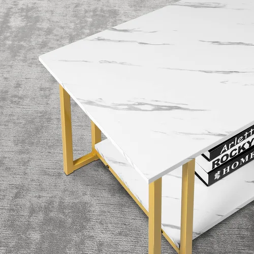 Vista 4 de Mesa de centro de mármol blanco con patas de metal dorado, mesa auxiliar rectangular de 2 niveles para sala de estar (patas de metal dorado)