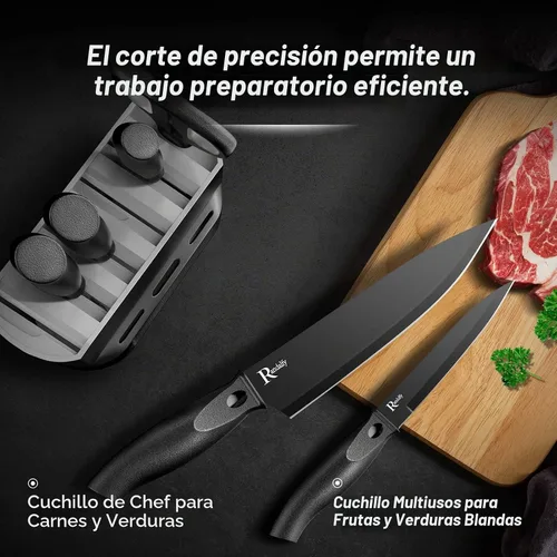 Vista 3 de Juego de cuchillos de cocina con bloque, 7 cuchillos de chef, tijeras, para picar carne/verduras/frutas, rebanar, cortar en cubitos y cortar